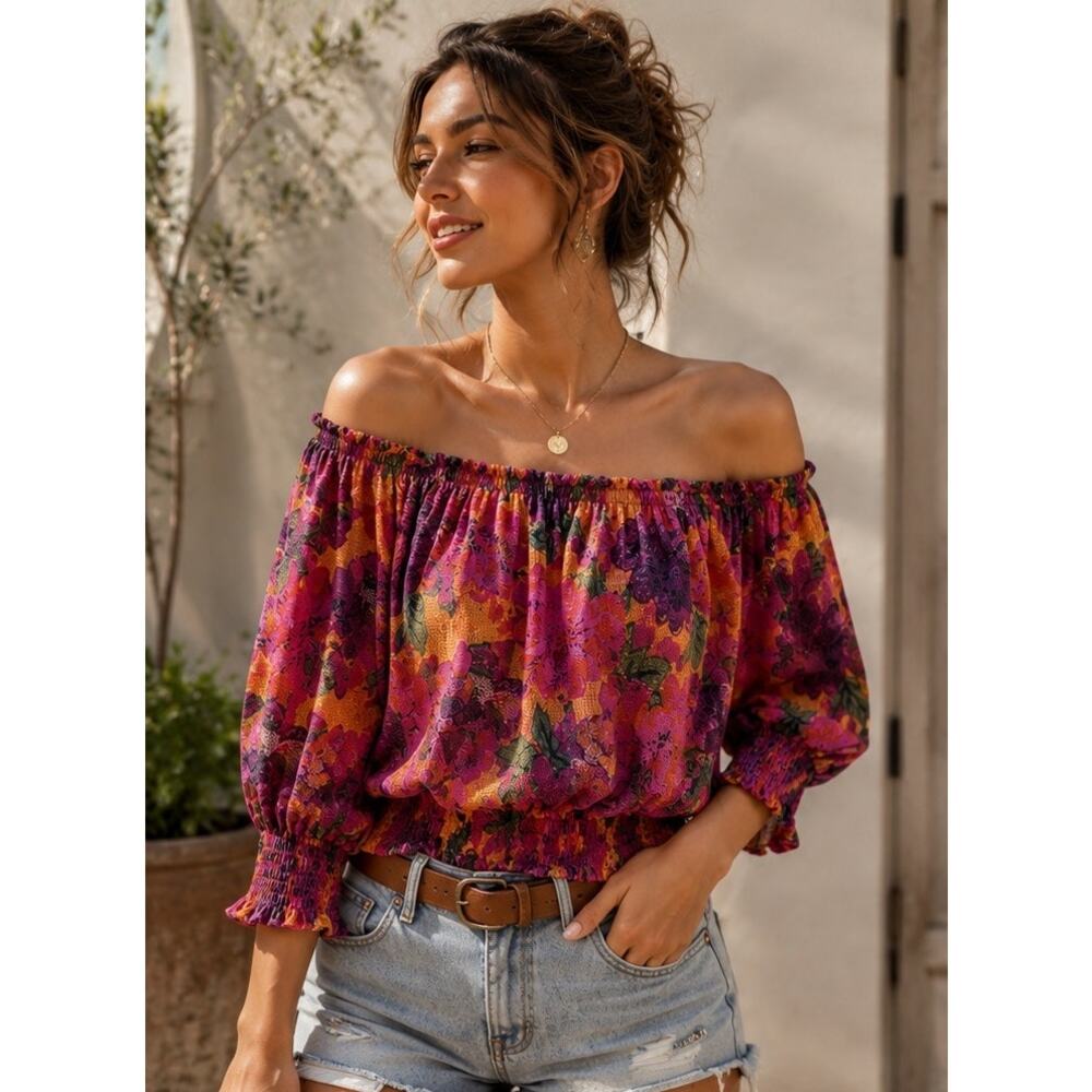 Rachel Roy Boho Floral Off Shoulder Smocked Peasant Top Small